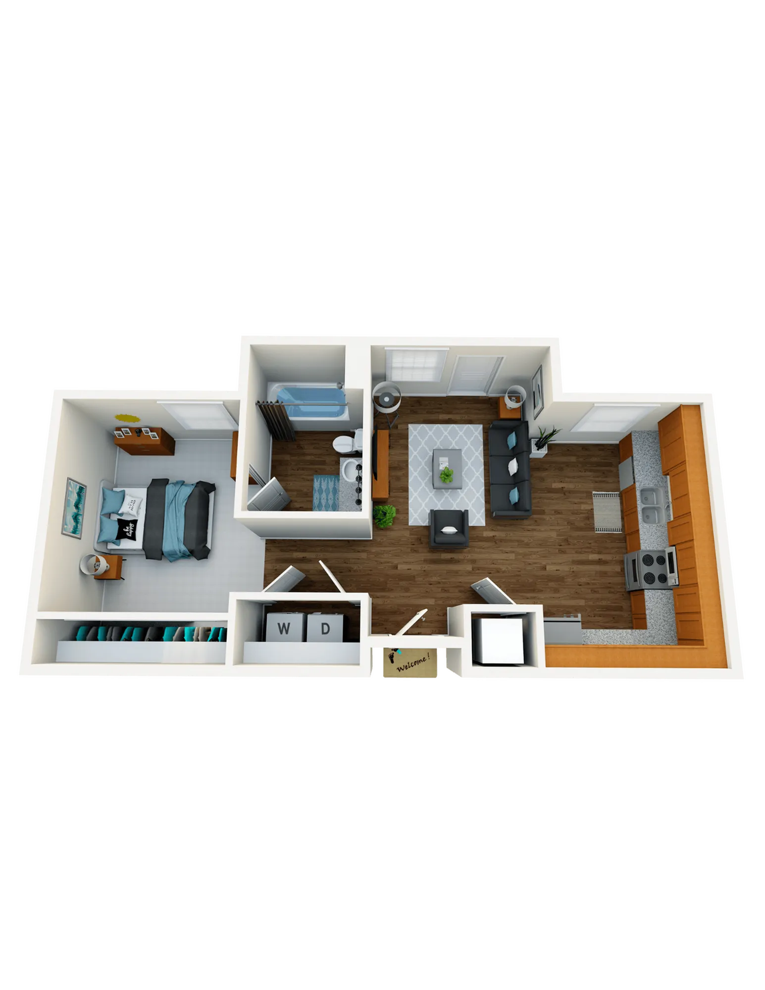 Charming 3D floor plan showcasing a cozy 1 bedroom apartment with an inviting open living area, modern kitchen, and stylish bathroom layout.