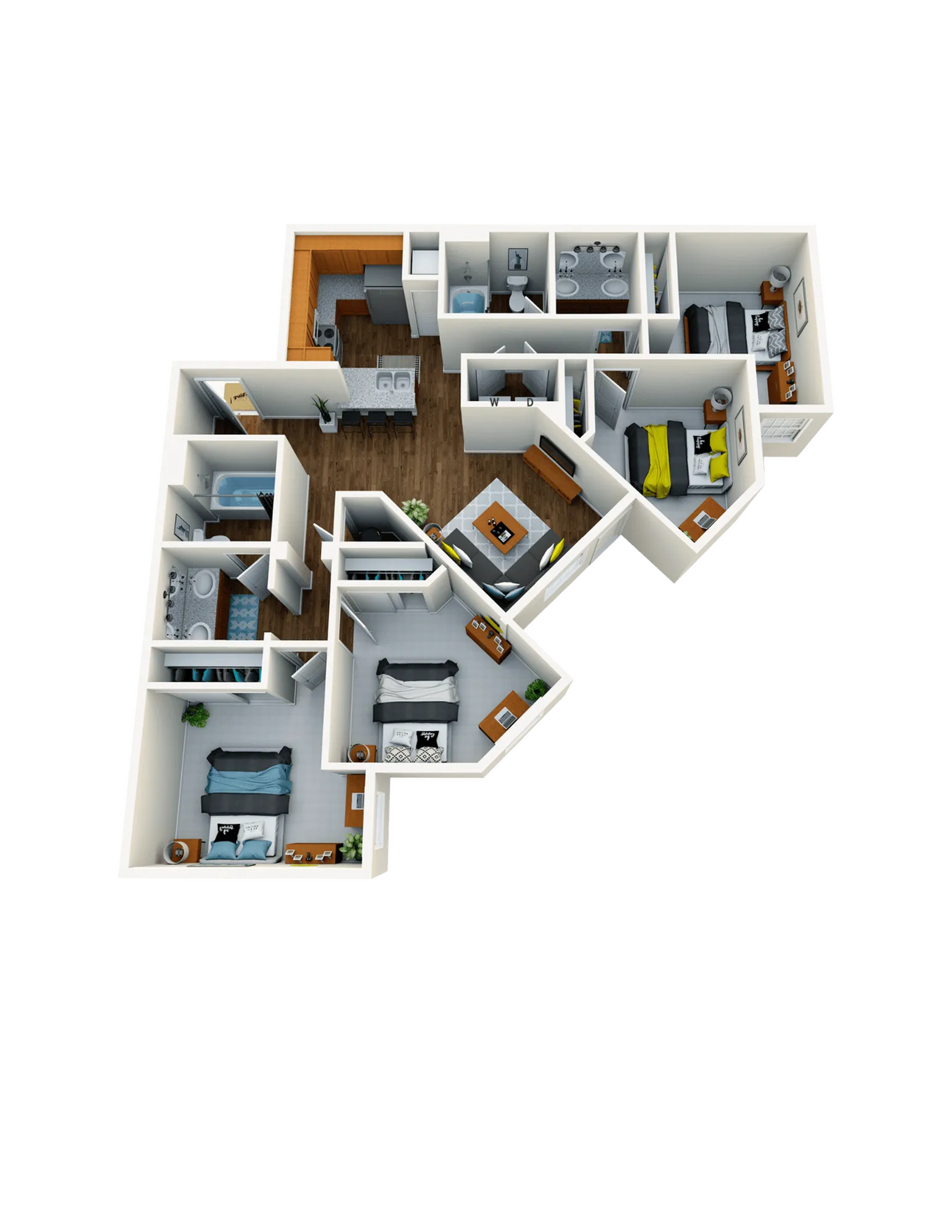 Modern 3D floor plan showcasing 3 bedrooms, elegant open living area, and a sleek kitchen with hardwood floors.