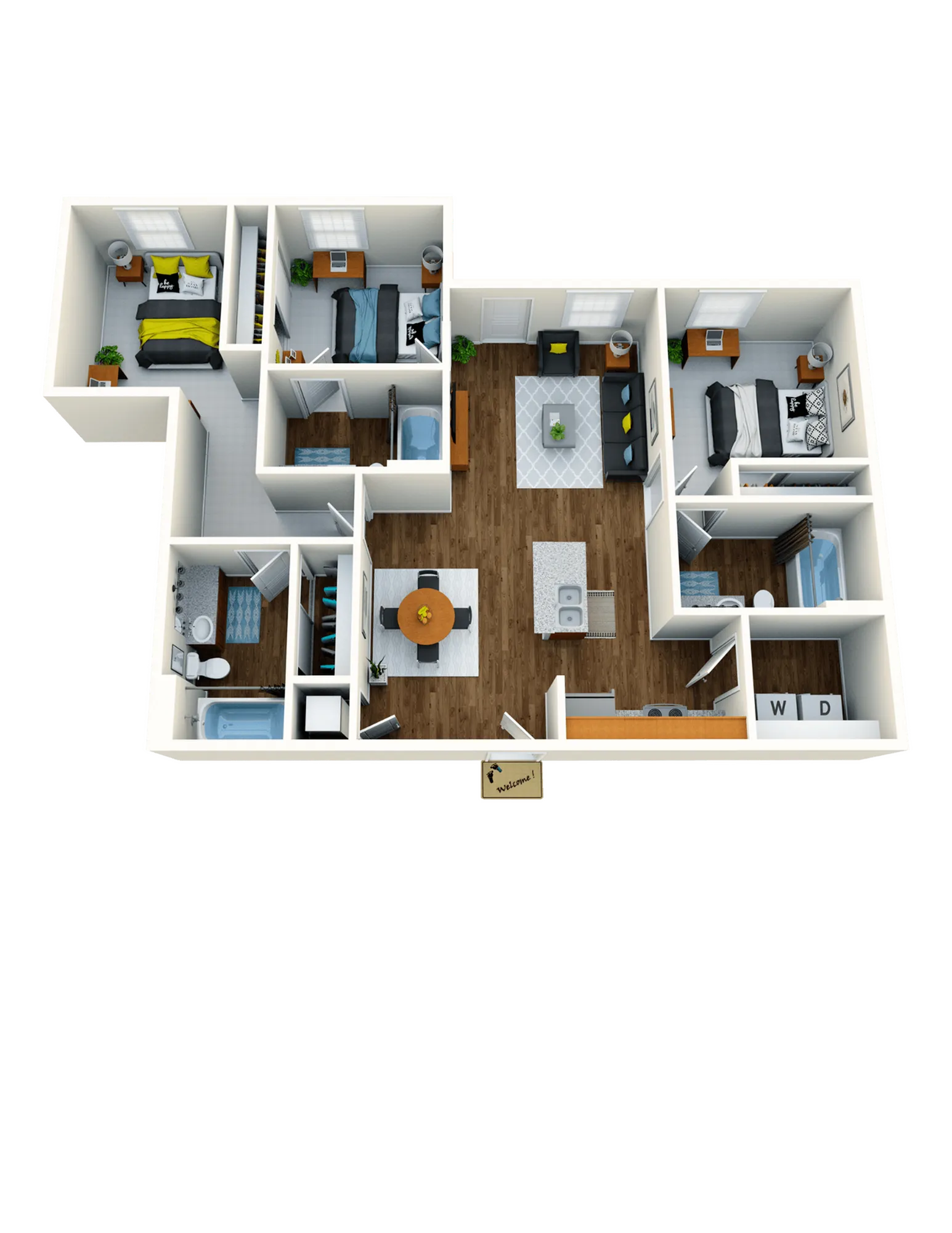 Contemporary 3D floor plan highlighting 3 cozy bedrooms, a sleek open-concept kitchen, and a welcoming living area.