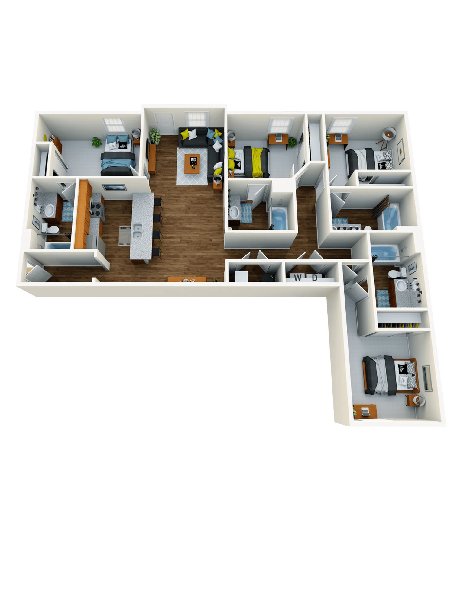 Modern 3D floor plan showcasing 3 bedrooms, a chic open living area, and a sleek kitchen, perfect for stylish urban living.