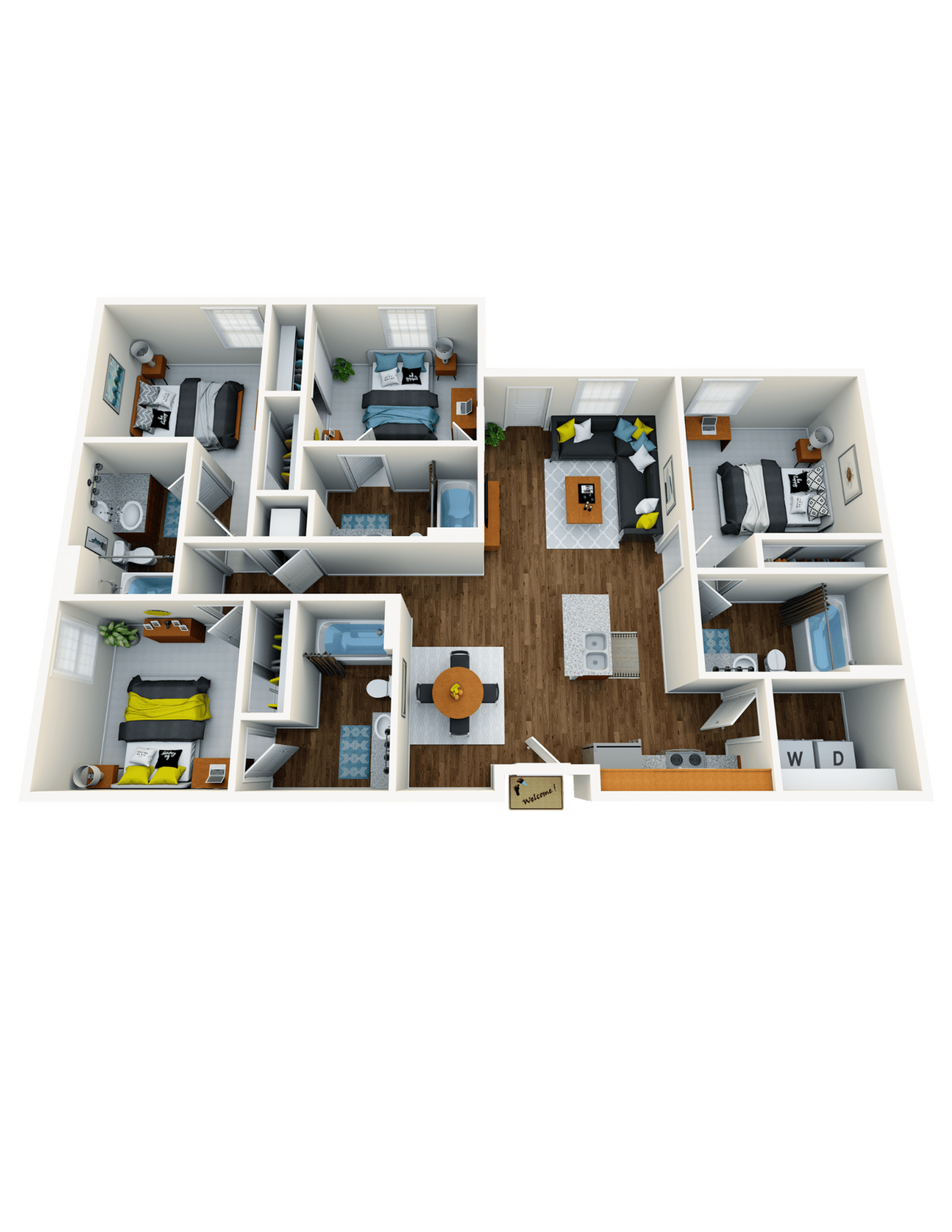 Inviting 3D floor plan showcasing 3 bedrooms, cozy open-concept living and dining areas, modern kitchen, and two stylish bathrooms.