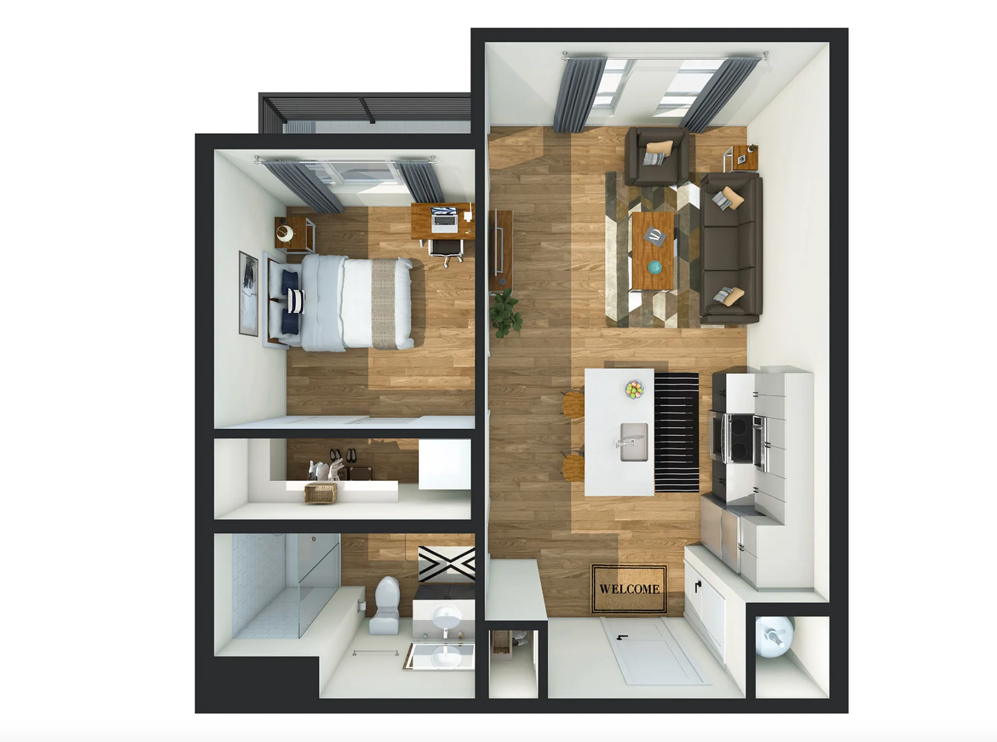 Inviting floor plan showcasing a cozy one-bedroom apartment with open kitchen, stylish living area, and modern bathroom.