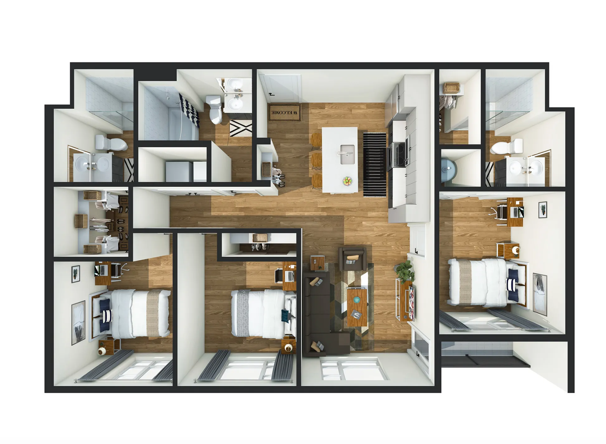 Modern 3-bedroom apartment floor plan with open living area and chic kitchen featuring an island and stylish design elements.