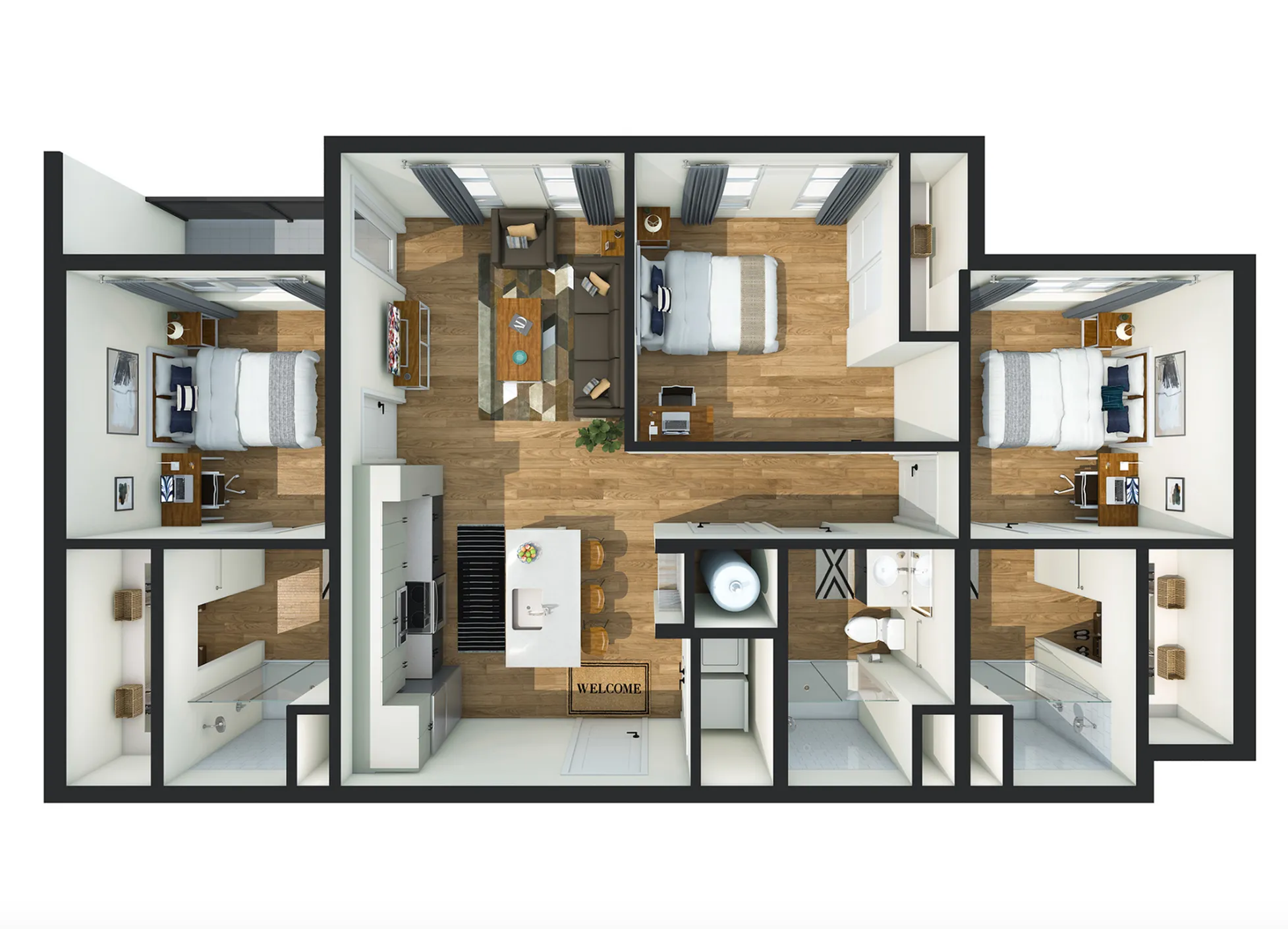 Modern 3D floor plan featuring 3 bedrooms, inviting open-concept living area, sleek kitchen, and elegant bathrooms.