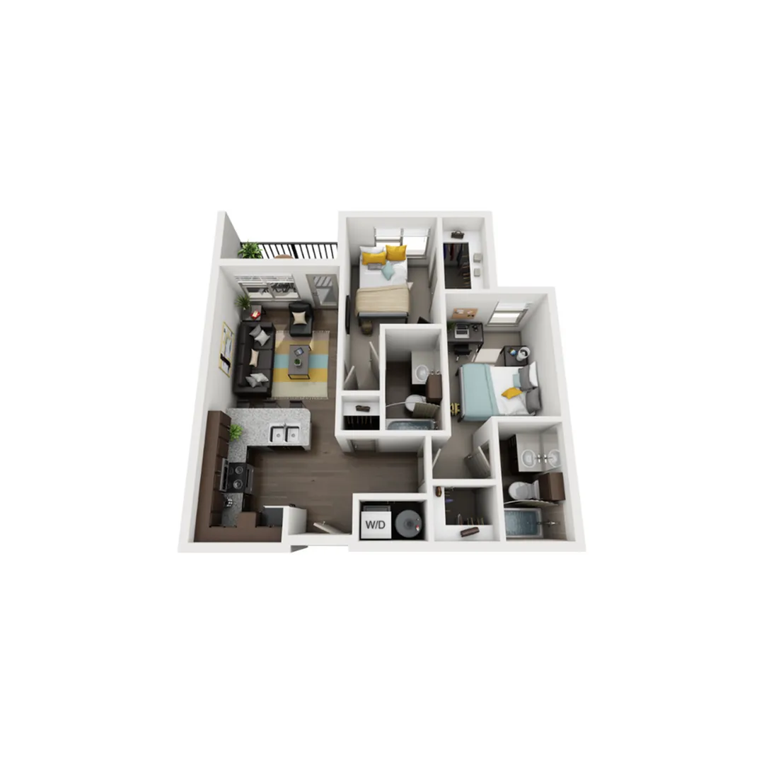 Modern 3D floor plan showcasing 2 bedrooms, a cozy living area with balcony access, and a stylish kitchen, ideal for comfortable living.