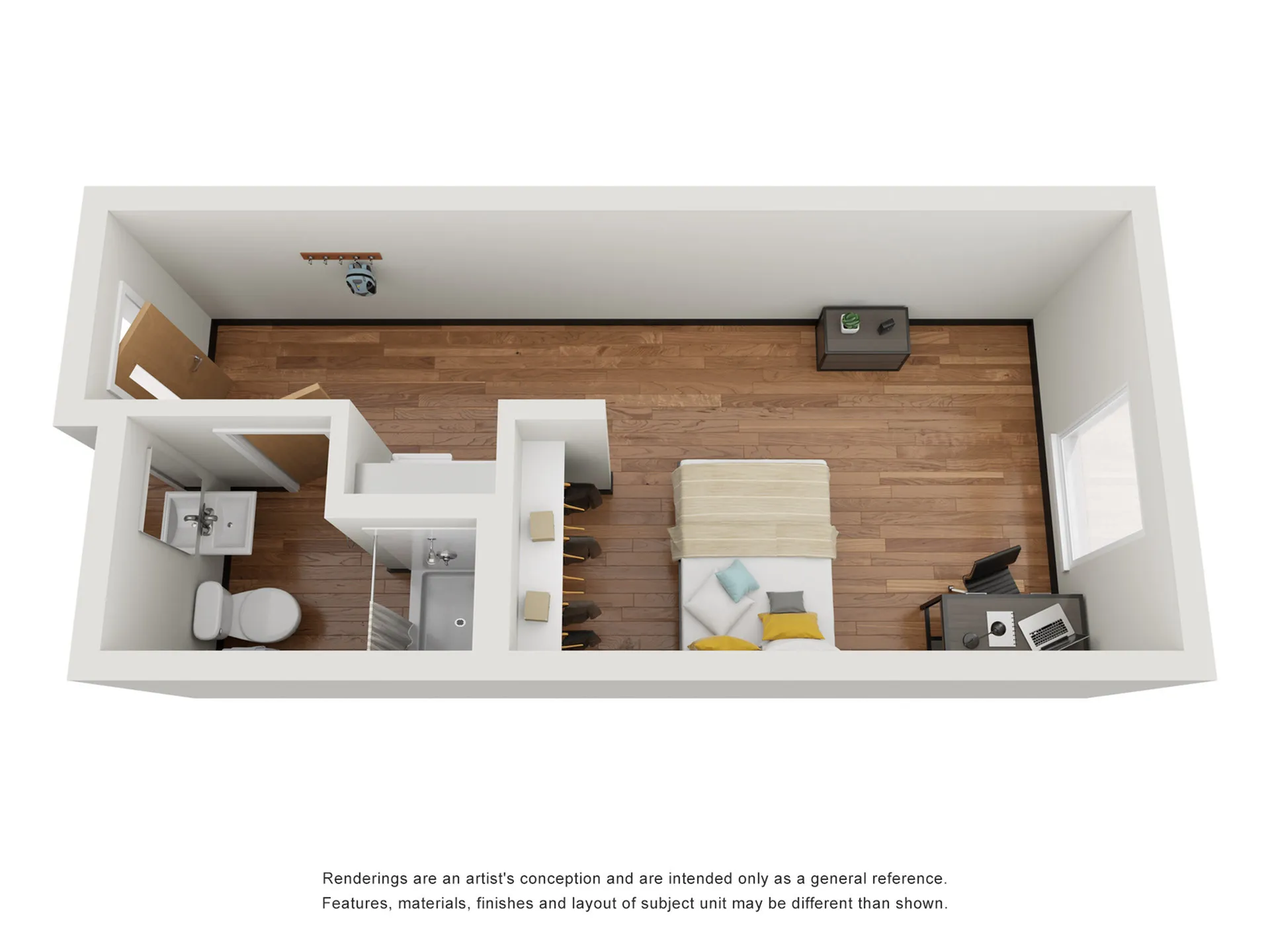 Modern studio apartment floor plan featuring a cozy bedroom area, functional workspace, minimalist kitchen, and sleek bathroom layout.