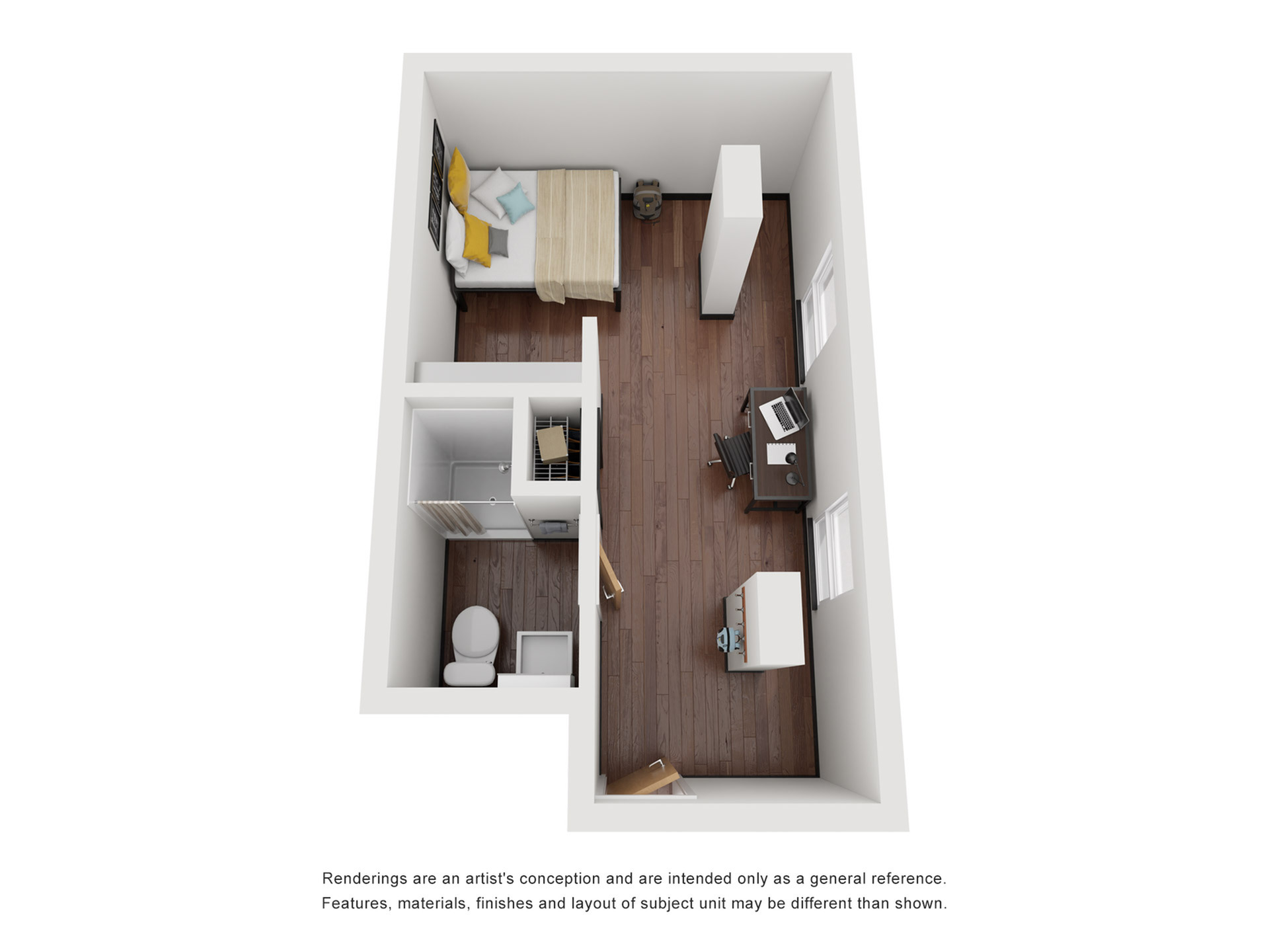 Charming studio layout featuring a cozy bedroom area, compact bathroom, and sleek workspace with warm wood flooring.