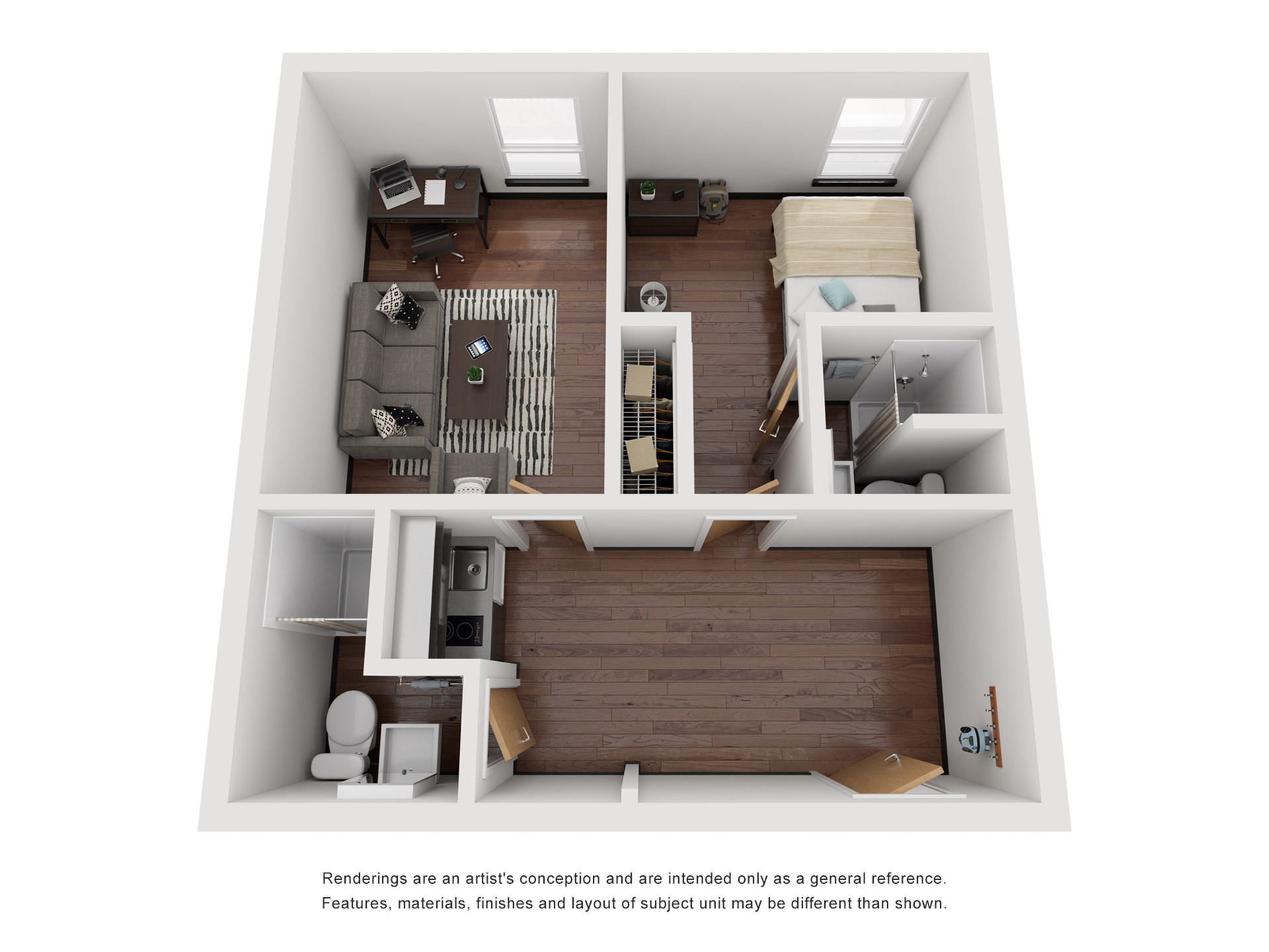 Modern 3D floor plan showcasing a cozy one-bedroom apartment with a stylish open-concept living area, efficient kitchen, and inviting bathroom.