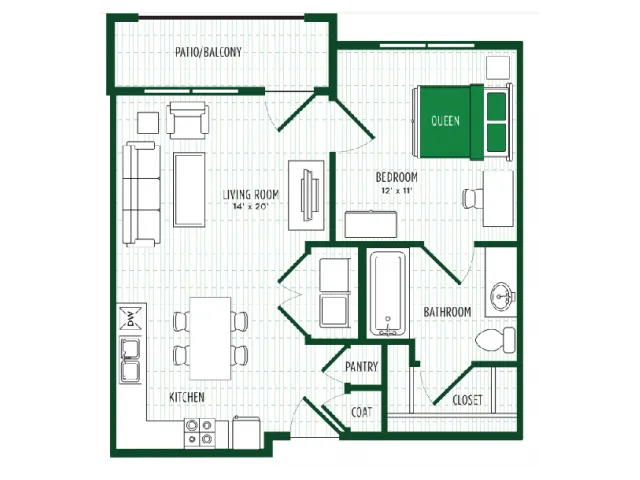 Modern open-concept floor plan featuring a spacious living room, stylish kitchen, 1 bedroom, and inviting patio/balcony area.