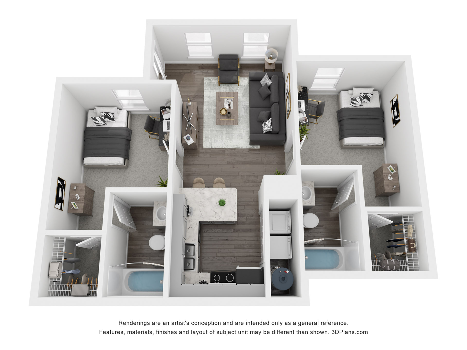 Elegant 3D floor plan displaying two cozy bedrooms, chic open-plan living and dining area, sleek modern kitchen, and two stylish bathrooms with contemporary finishes.