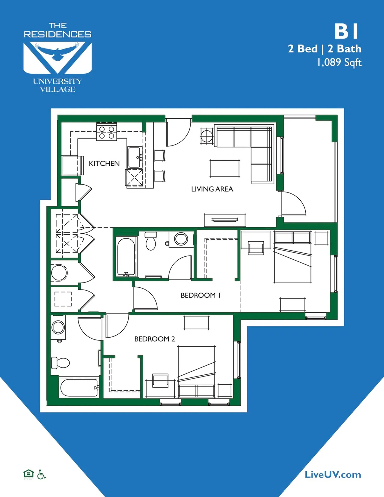 B1 floor plan showcasing a modern 2 bed, 2 bath layout with a spacious living area and kitchen, 1,089 sqft at University Village Residences.