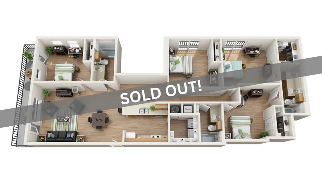 Modern 3D floor plan featuring 3 bedrooms, open living area, sleek kitchen, and elegant bathrooms. Sold out design with stylish interiors and efficient layout.