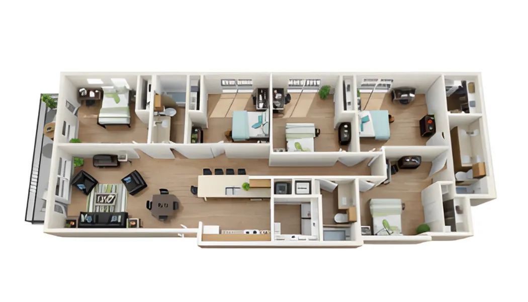 Elegant and spacious floor plan with 5 bedrooms, a sleek open-concept kitchen and dining area, and a cozy living room, perfect for modern family living.