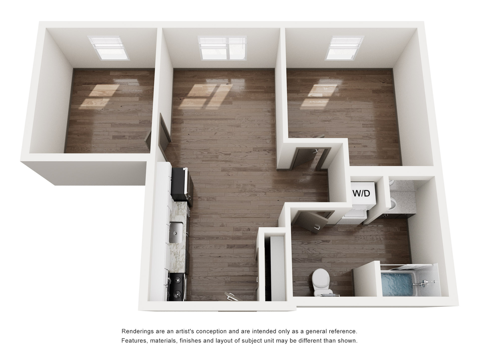 Contemporary 2-bedroom apartment floor plan featuring an open-concept kitchen, cozy living area, and modern bathroom, complete with in-unit washer and dryer.