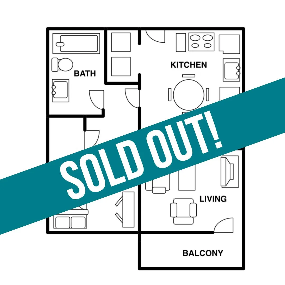 Efficient floor plan highlighting a cozy 1-bedroom apartment with a modern kitchen, living room, and private balcony, now sold out.