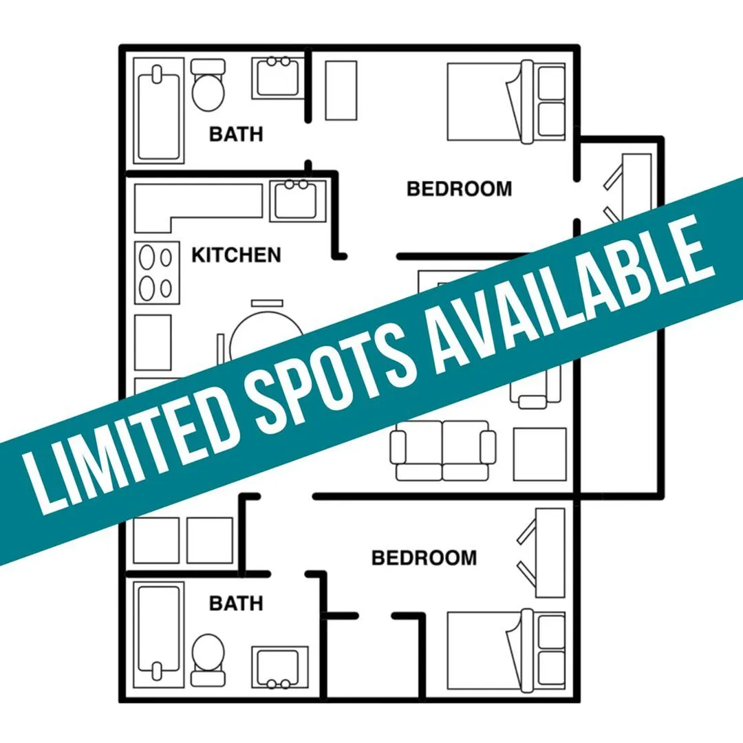 Modern floor plan showcasing 2 spacious bedrooms, open kitchen, and cozy living area, all with contemporary design. Limited availability for luxury living.