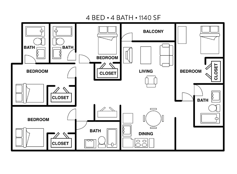 Elegant floor plan showcasing 4 bedrooms and 4 baths with spacious living and dining areas, plus a charming balcony in a 1140 sq ft layout.