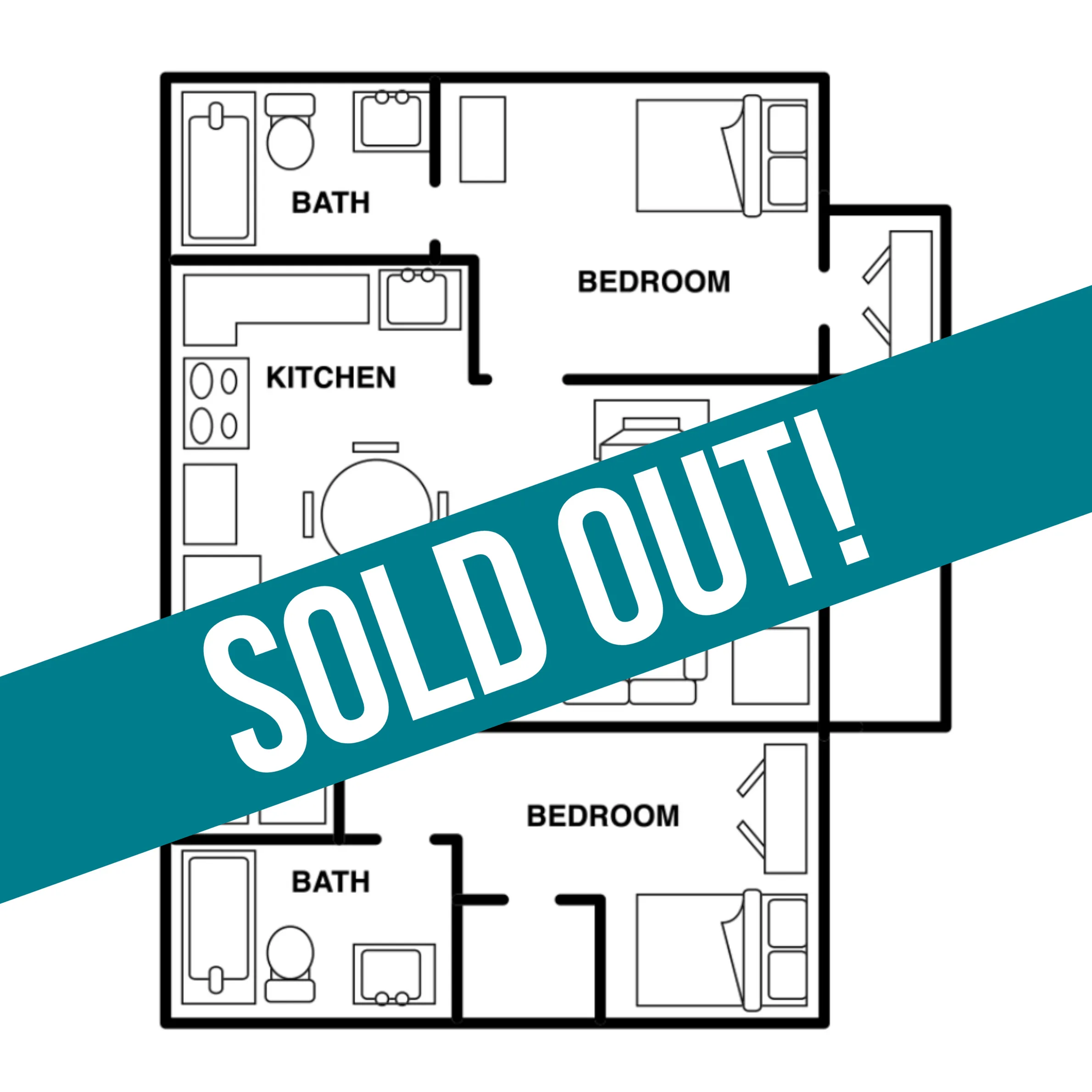 Contemporary floor plan showcasing a cozy 2-bedroom layout with an efficient kitchen and two modern bathrooms, marked as sold out.