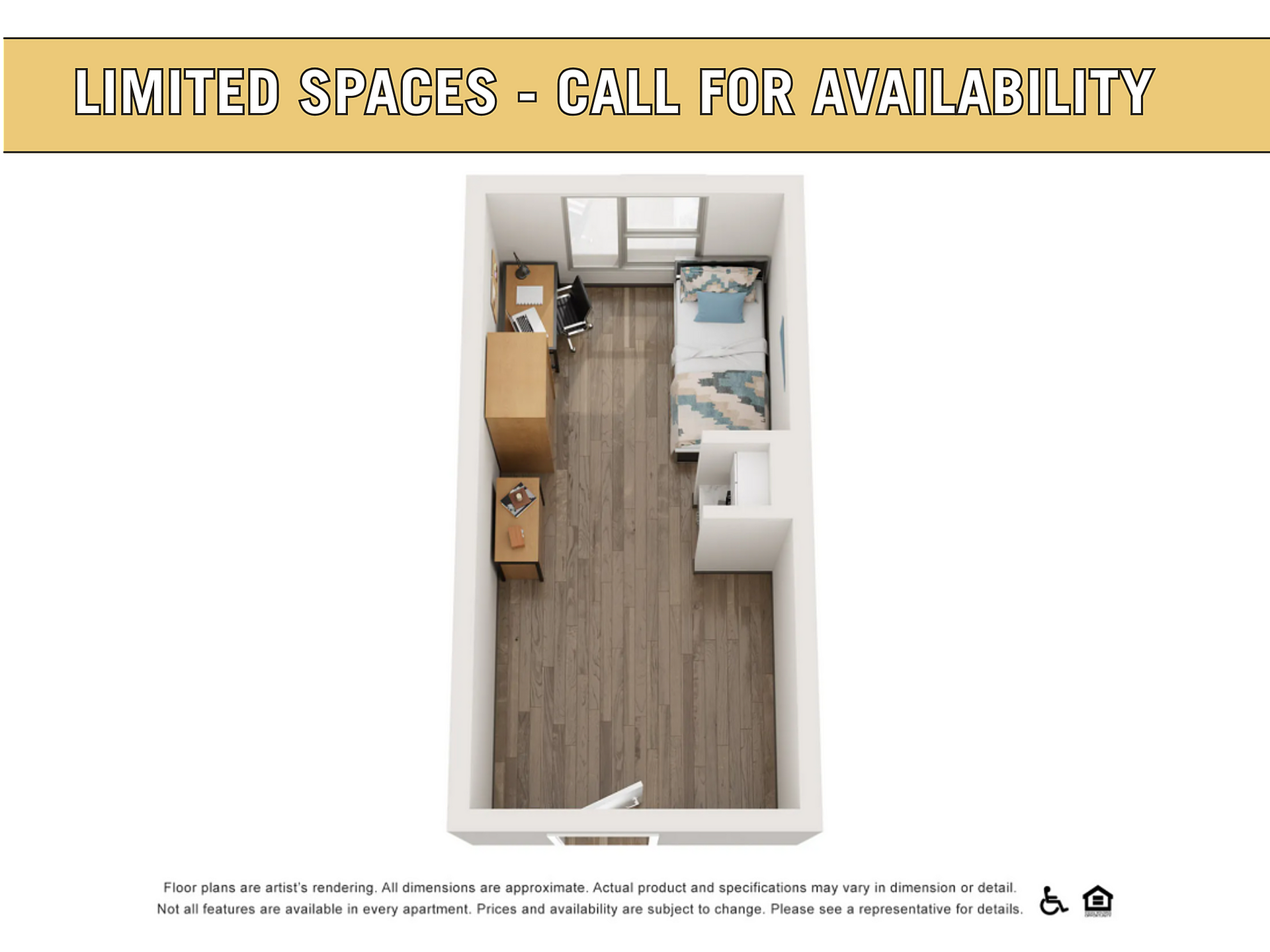Charming apartment space featuring a cozy room with bed, desk, and ample natural light, perfect for comfortable living.