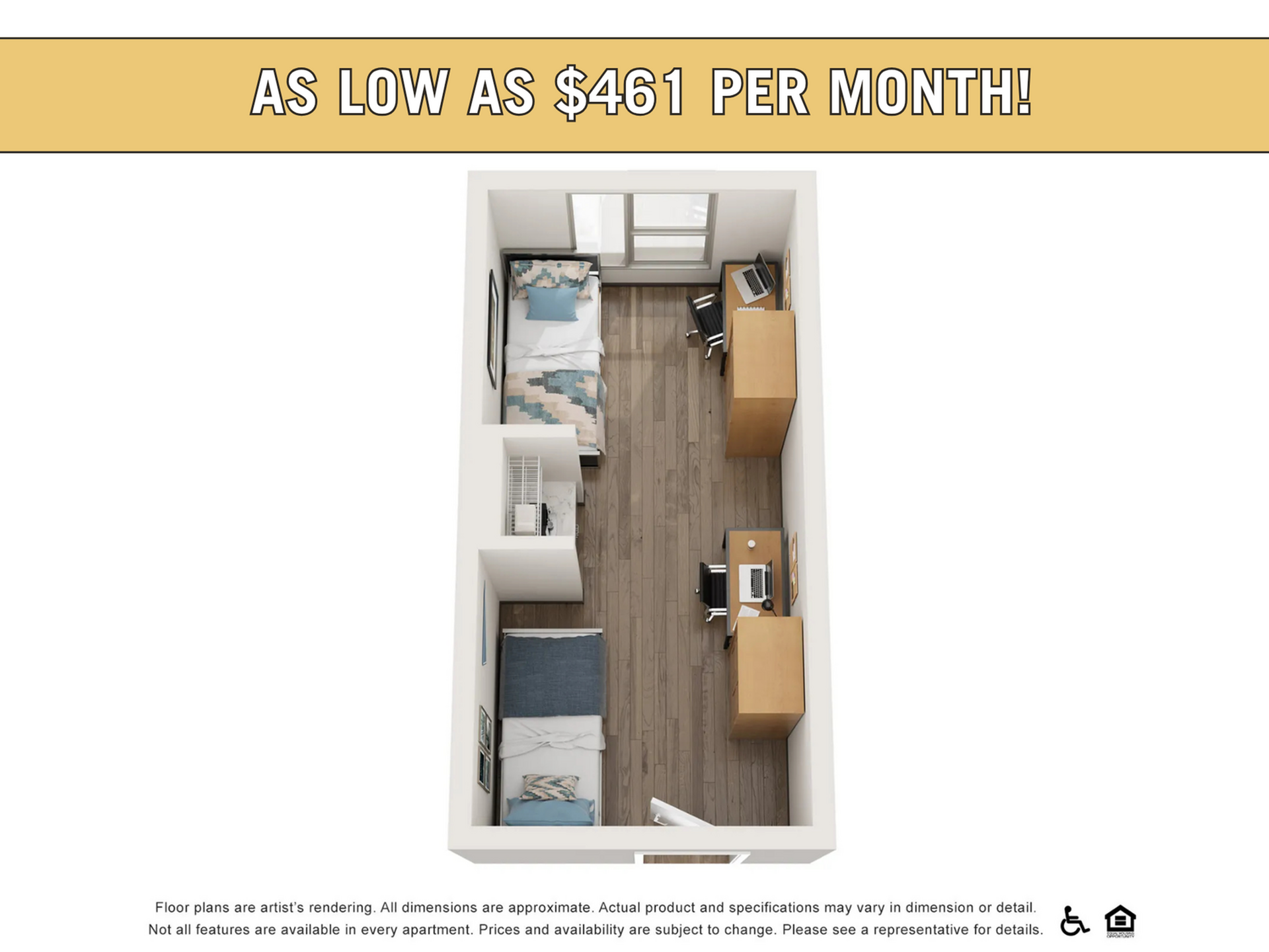 Compact studio floor plan with two twin beds, cozy workspace, and efficient layout. Affordable living starting at $461 per month.