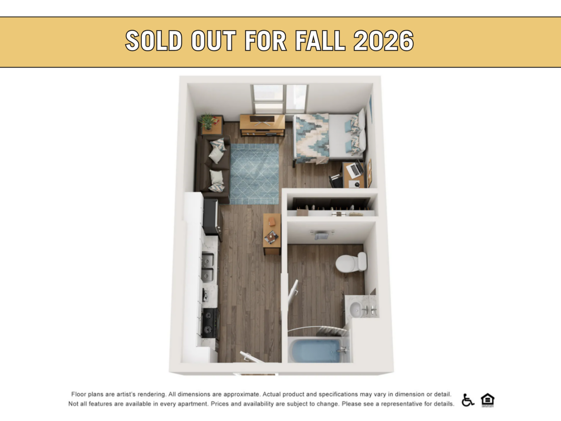Cozy and modern single-bedroom apartment layout with an integrated living area, compact kitchen, and elegant bathroom.
