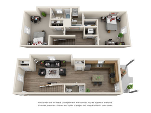 Elegant 3D rendering of a two-story apartment featuring 2 bedrooms, a modern kitchen, and cozy living areas.