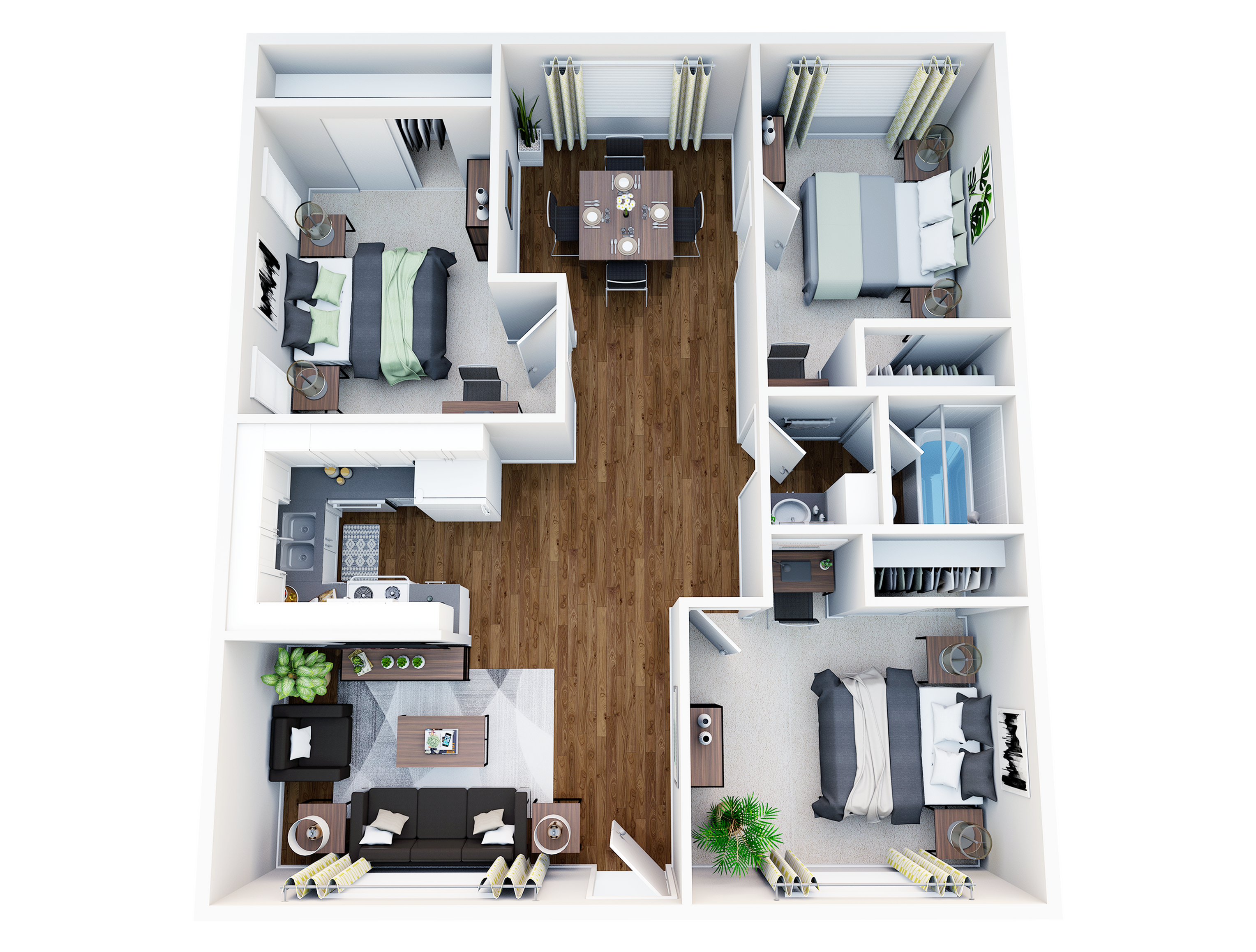 Modern 3D floor plan showcasing 3 bedrooms, elegant hardwood flooring, open living area, and cozy kitchen.
