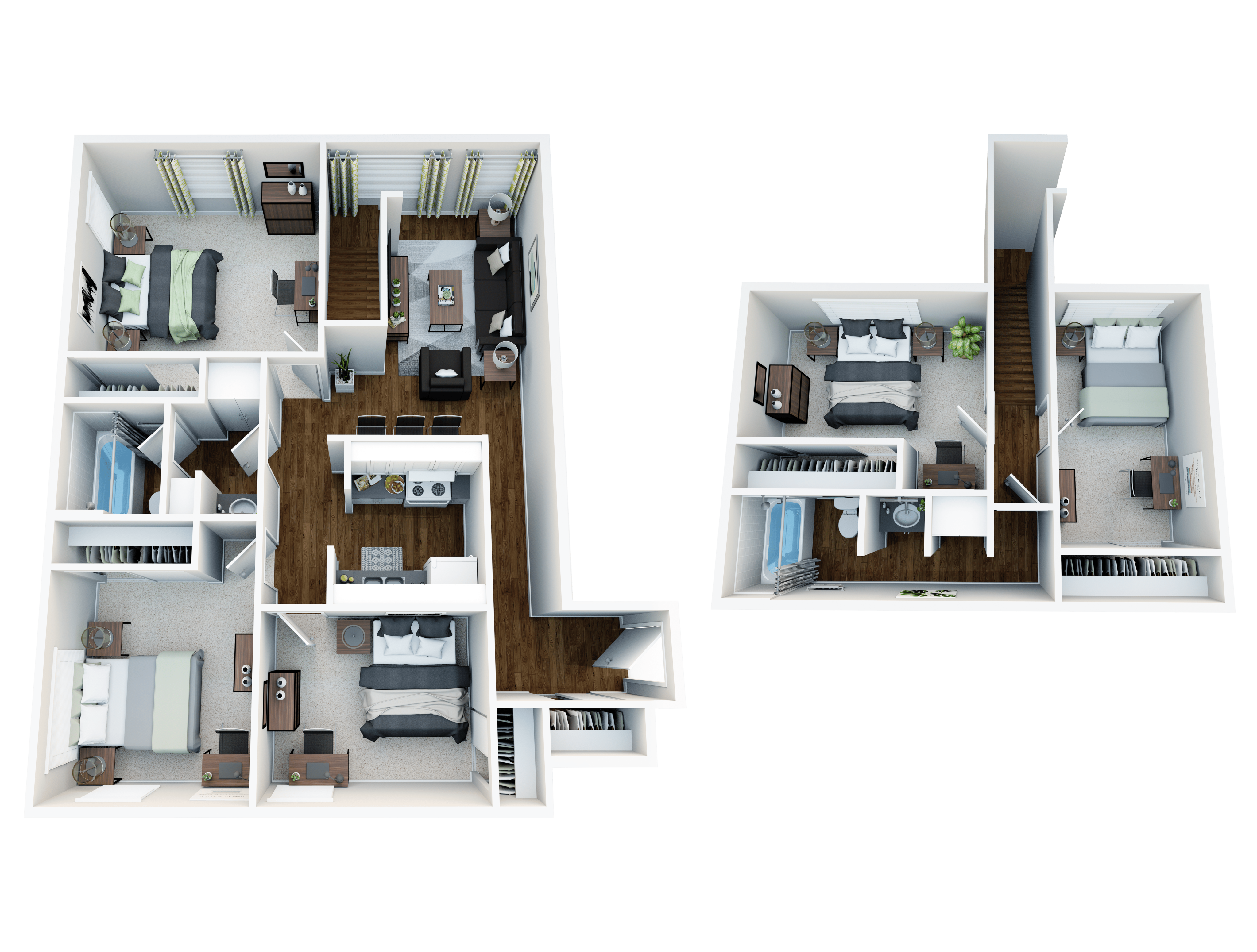 Modern 3D floor plan showcasing a spacious layout with three bedrooms, two bathrooms, and an elegant open kitchen, ideal for contemporary living.