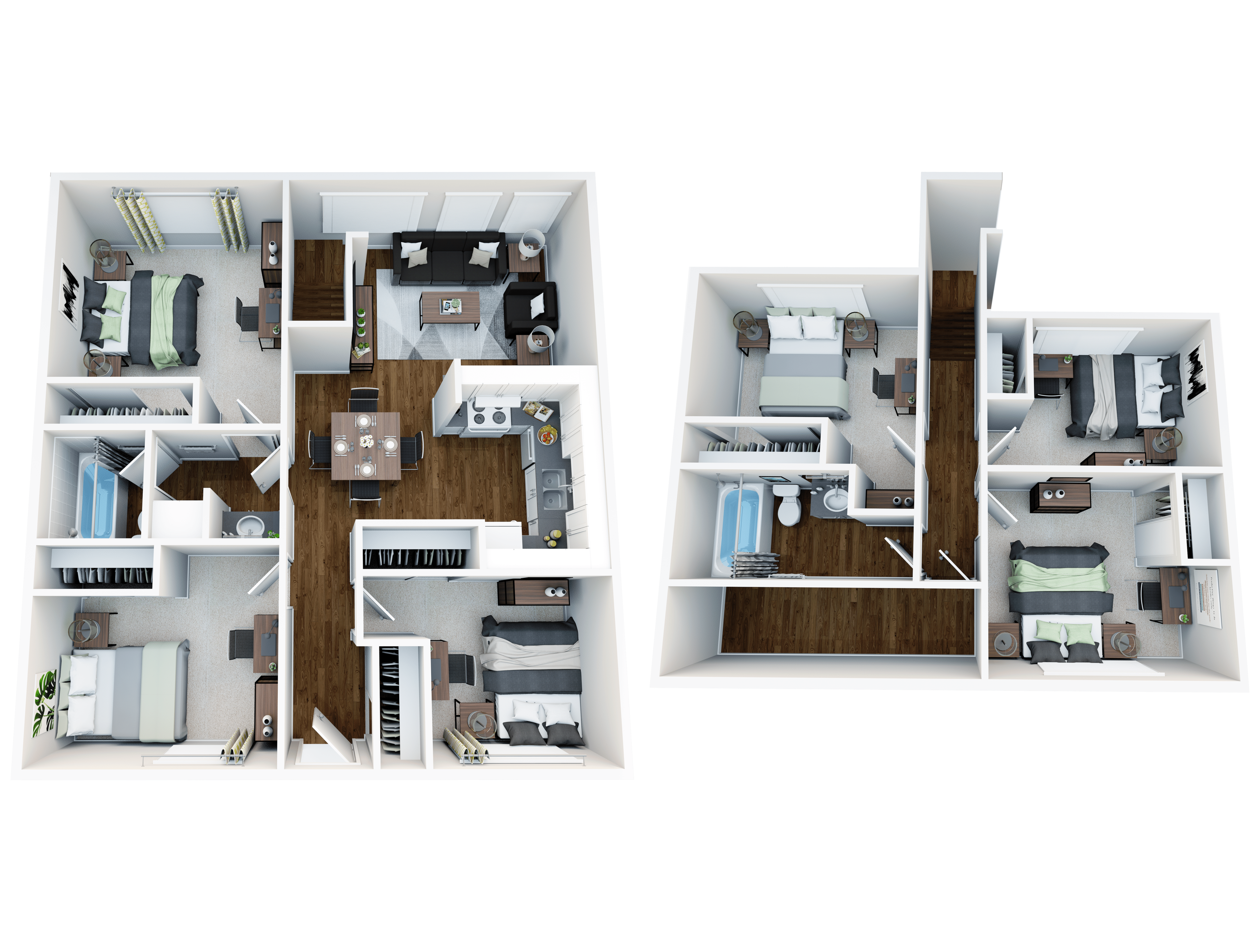 Modern duplex floor plan featuring 4 bedrooms, stylish open living areas, and sleek kitchens with elegant decor.