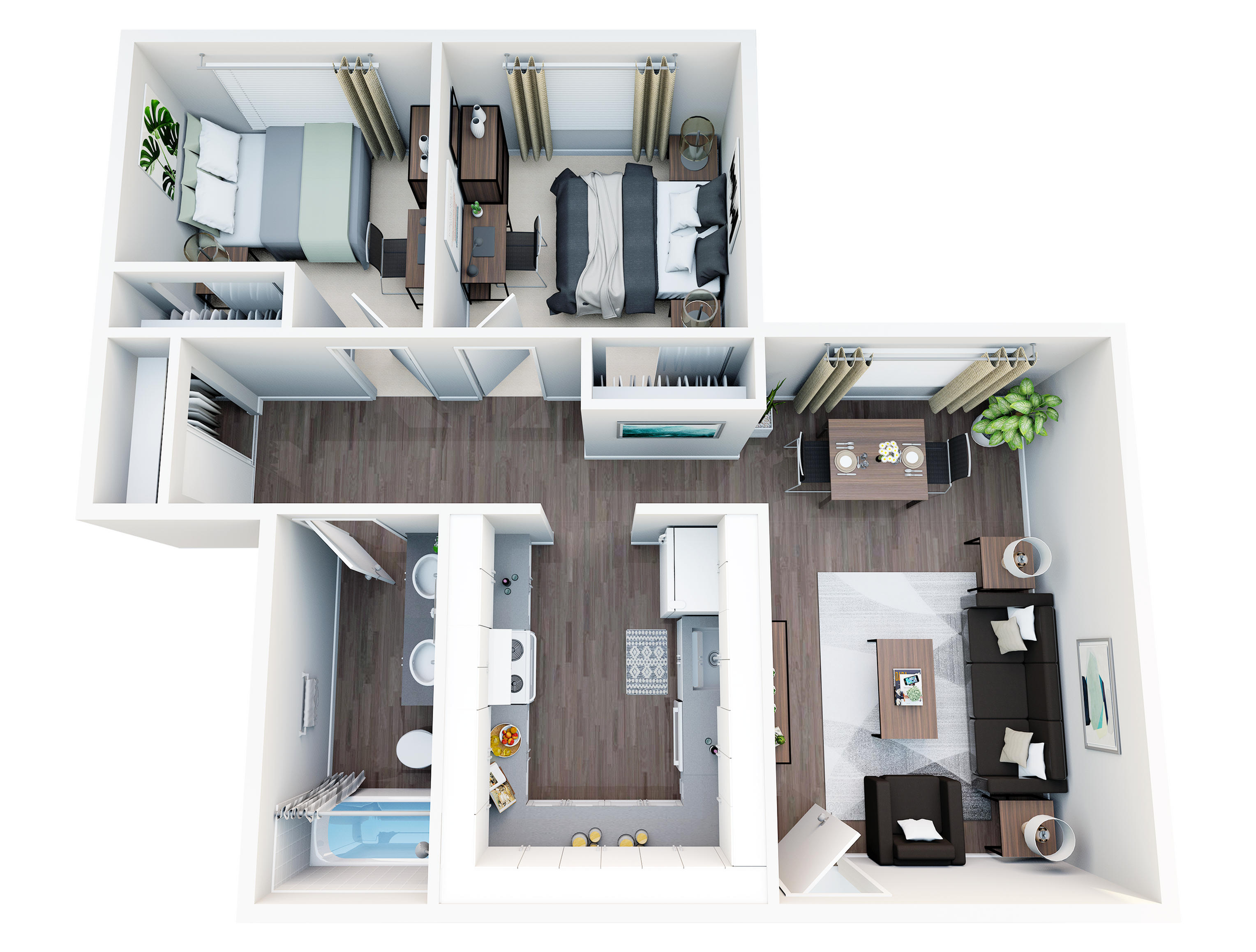Elegant floor plan showcasing two cozy bedrooms, an inviting open-concept living and dining area, and a modern kitchen with sleek finishes.