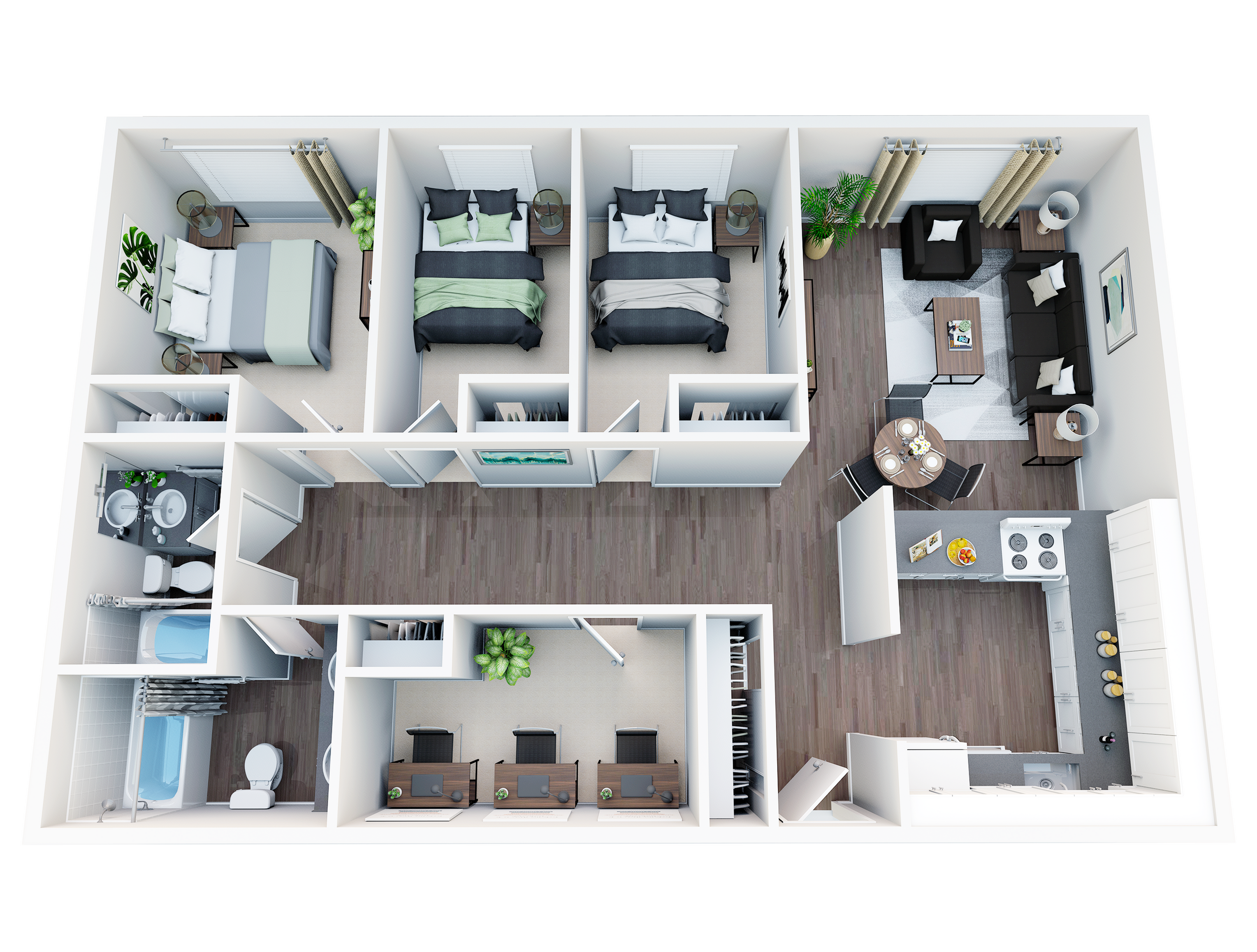 Modern 3D floor plan showcasing a sleek layout with three bedrooms, inviting open-concept living and dining area, and a contemporary kitchen.