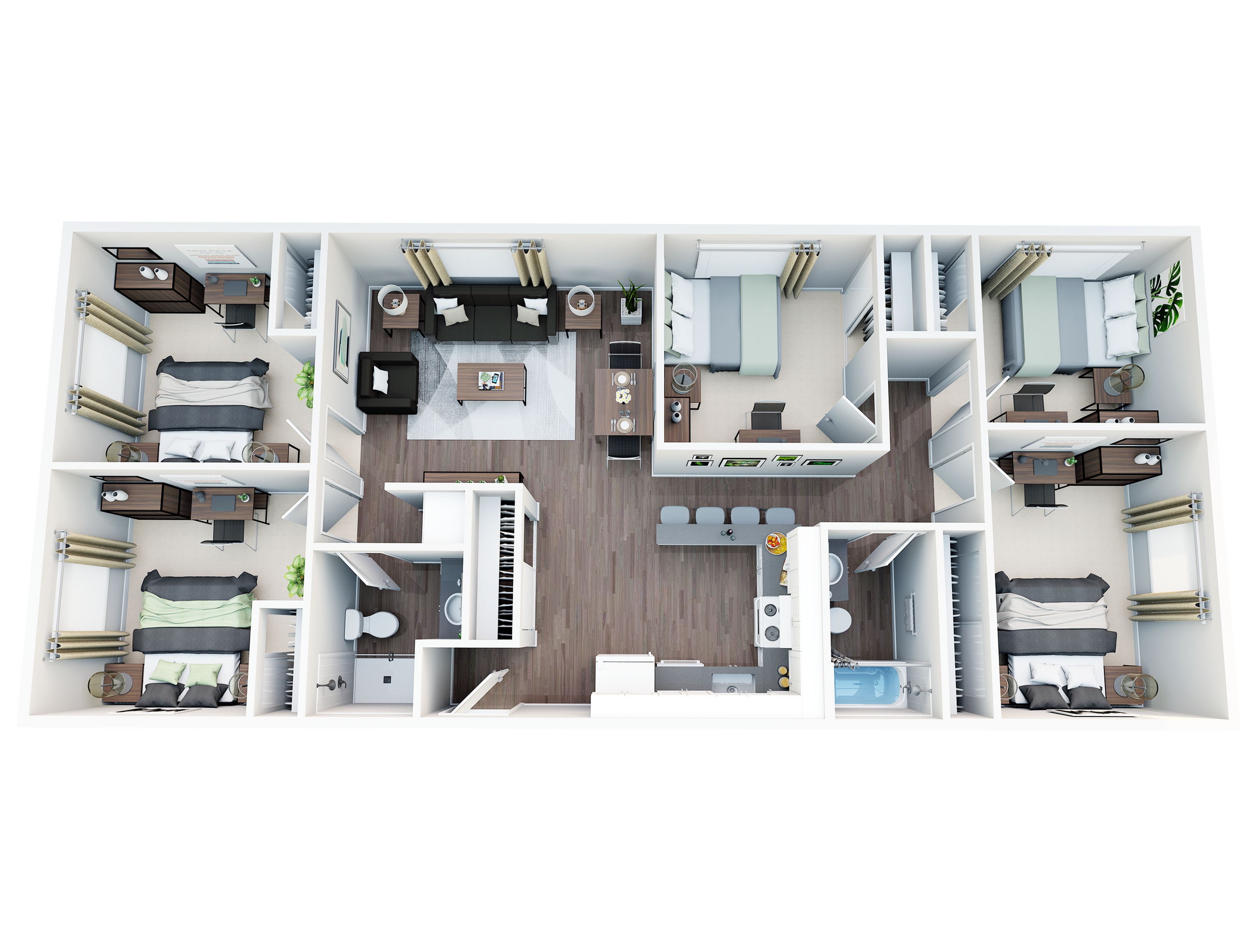 Modern 3D floor plan showcasing 5 bedrooms, stylish living area, and contemporary kitchen with island seating.