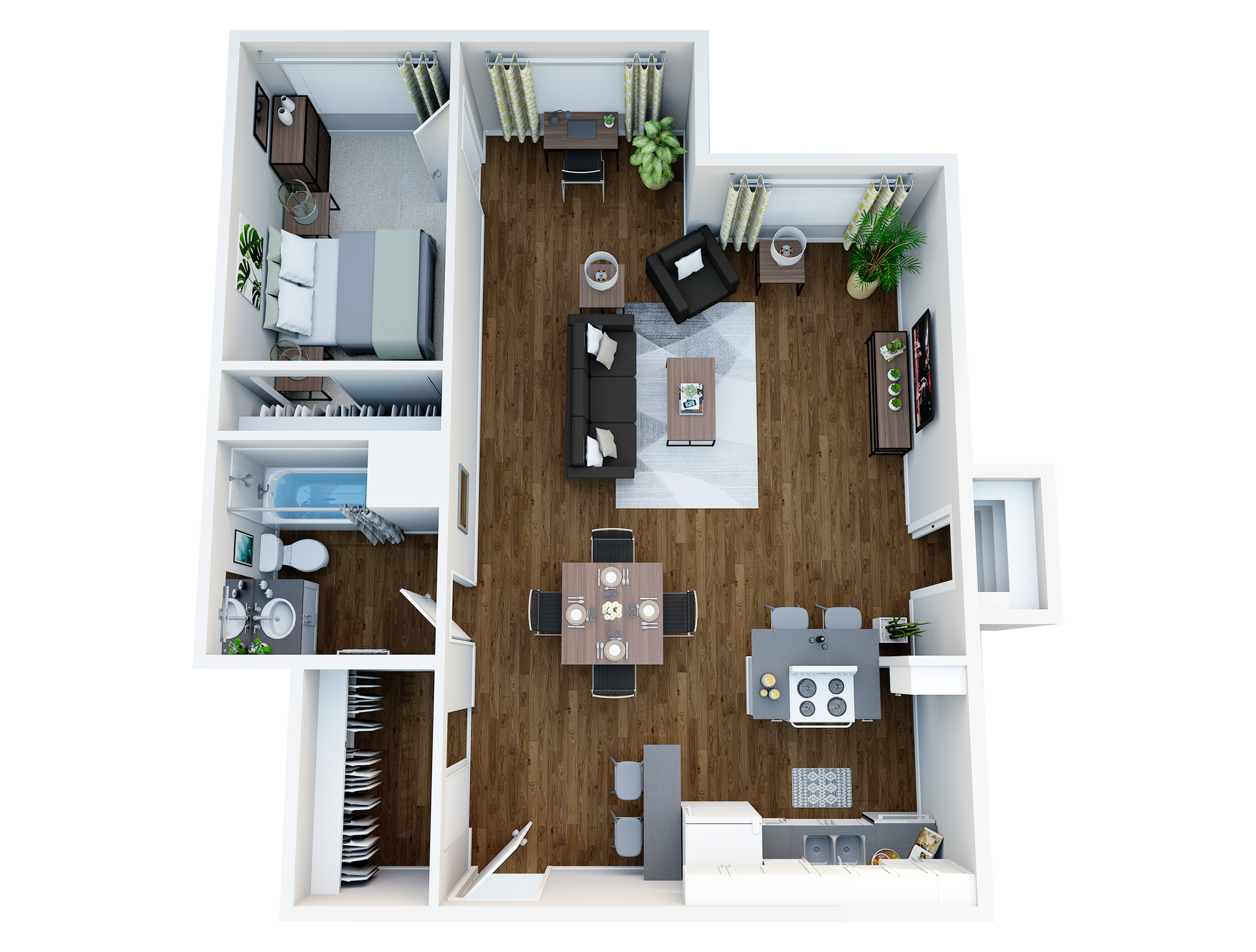 Charming 3D apartment floor plan showcasing a stylish bedroom, cozy living room, modern kitchen, and elegant bathroom layout with wood flooring.