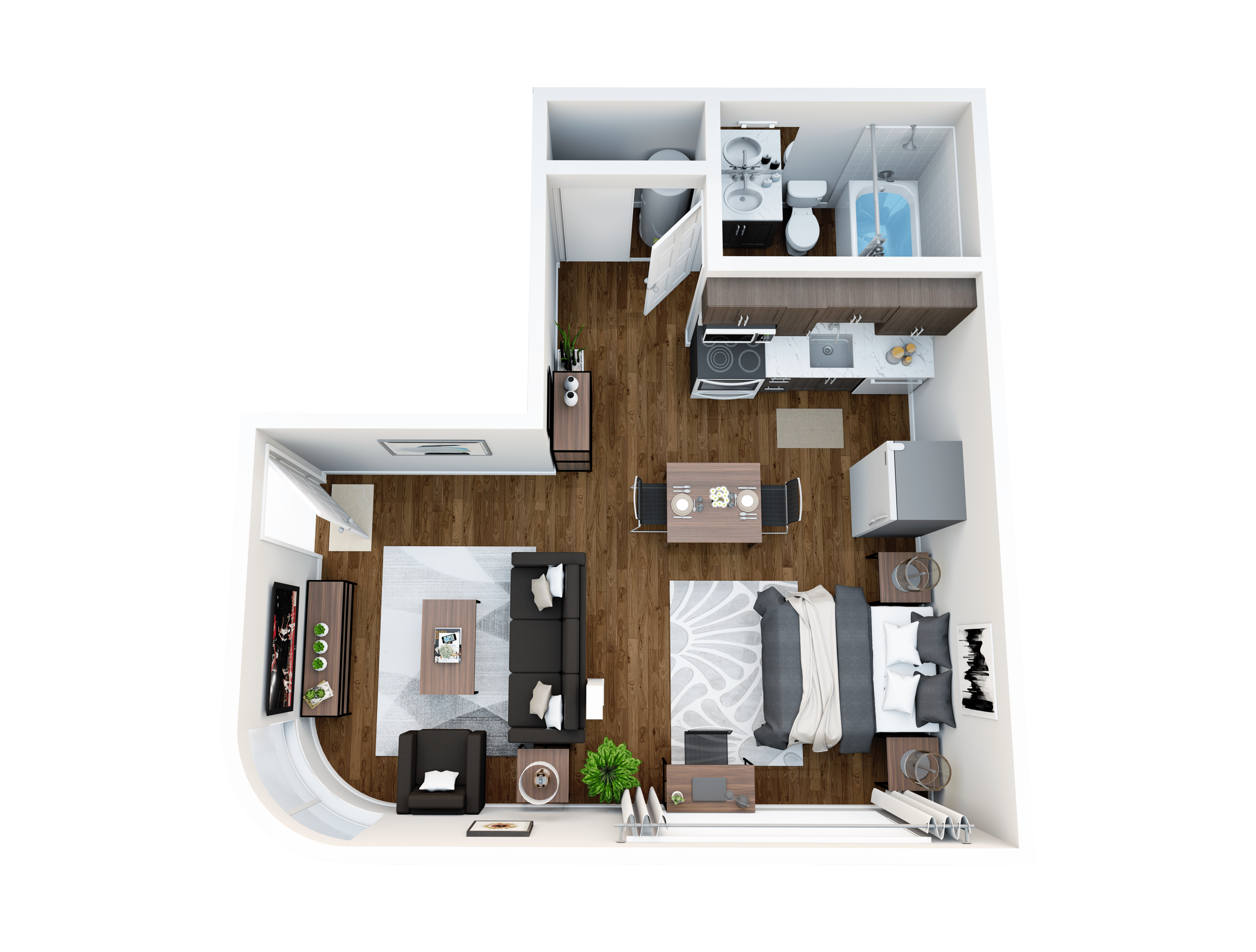 Modern apartment floor plan featuring an open-concept living room with curved windows, a cozy single bedroom, sleek kitchen, and elegant bathroom.