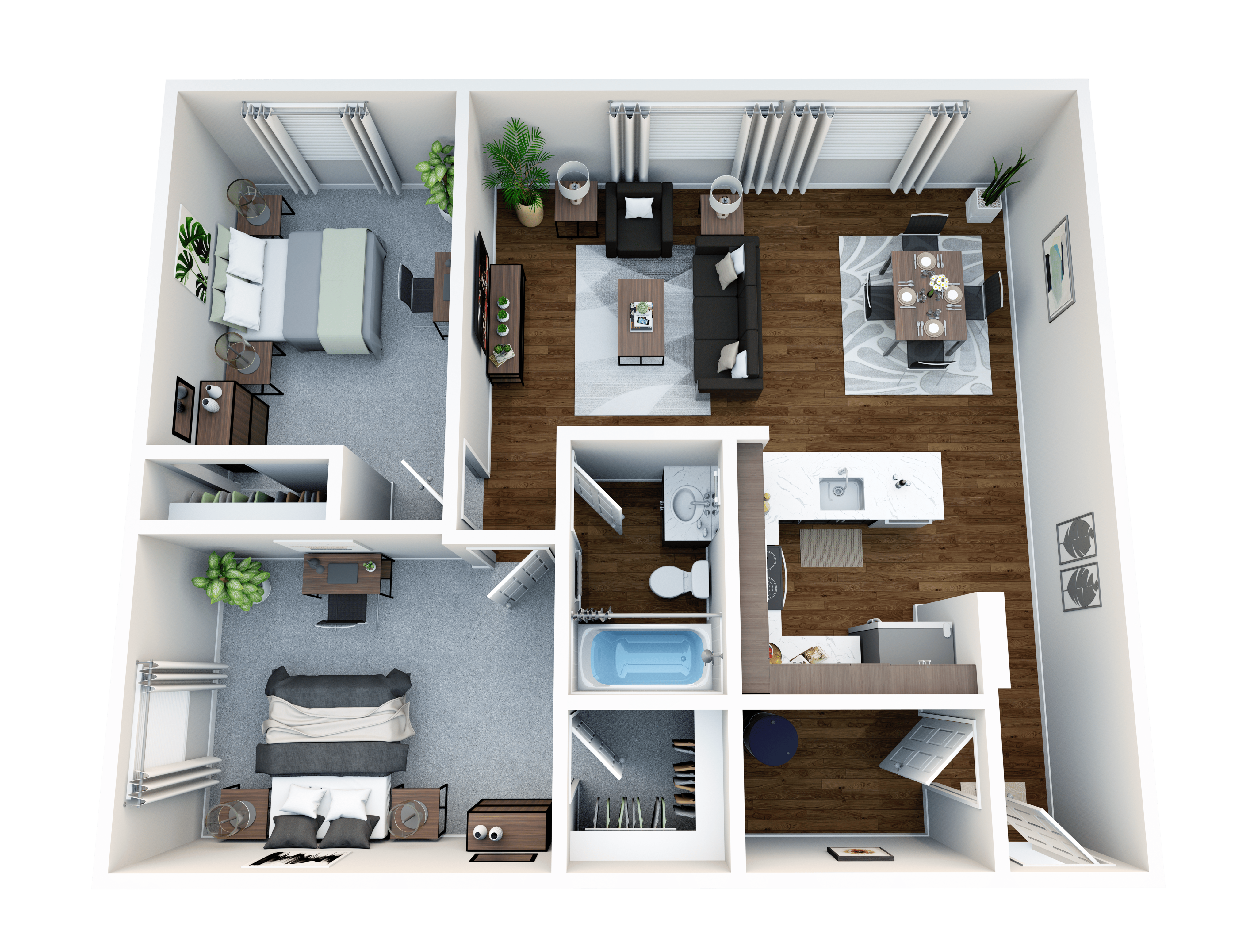2 bed, 1 bath spacious floorplan modeled to show how it can looked furnished and decorated.
