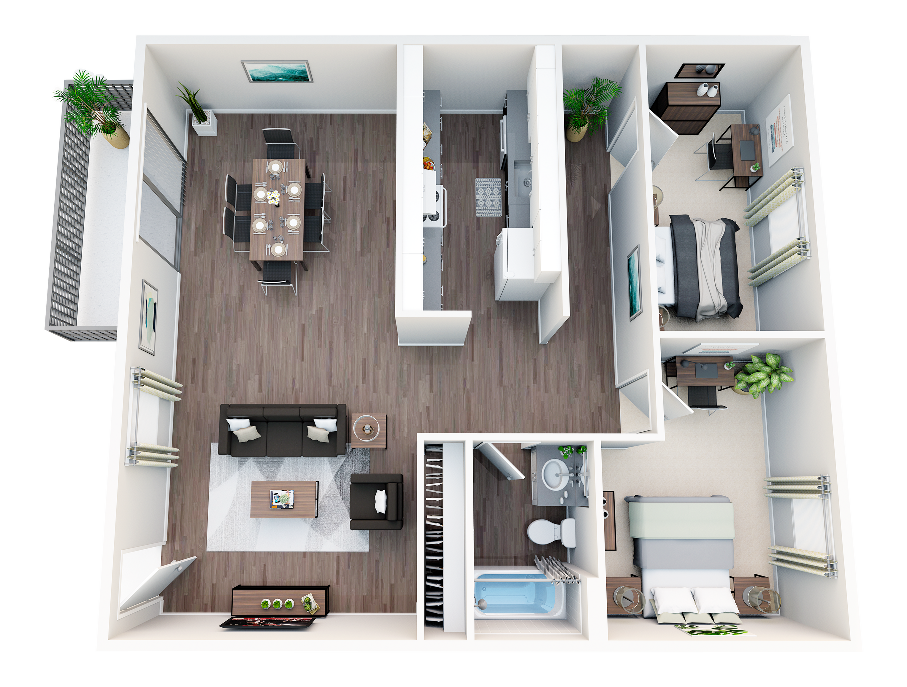 Modern 3D floor plan showcasing two elegant bedrooms, a sleek kitchen, and a stylish open-concept living-dining area with balcony access.
