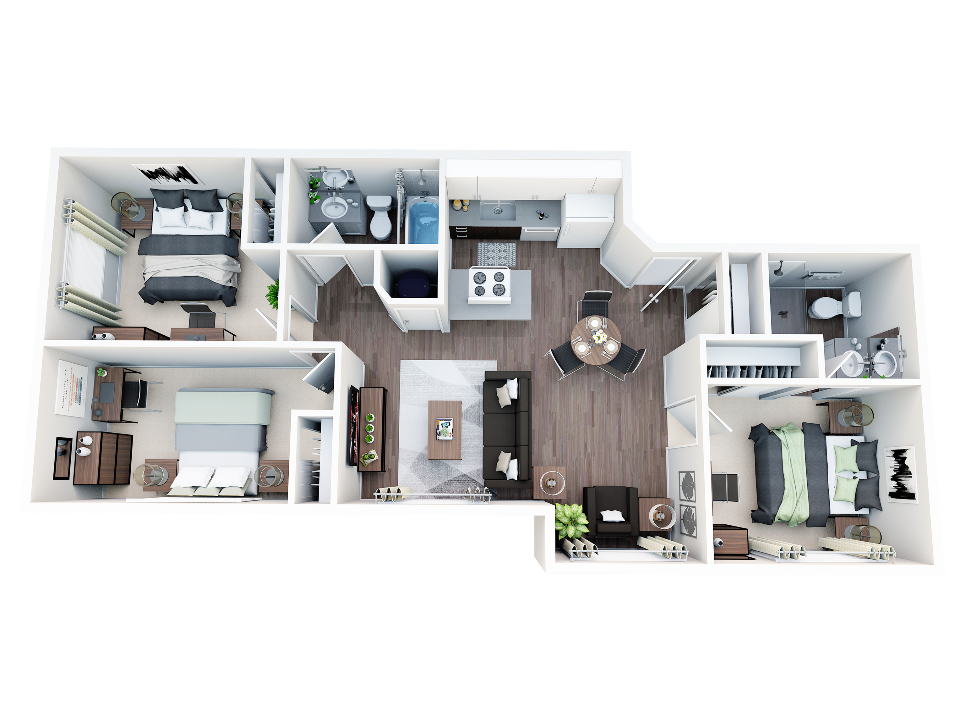 Contemporary 3D floor plan showcasing three spacious bedrooms, a stylish open-concept living and dining area, and modern kitchen with ample counter space.