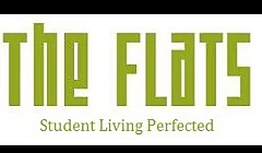 Vibrant green logo of 'The Flats' with the slogan 'Student Living Perfected' showcasing modern student accommodations.