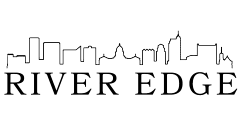 Modern city skyline outline with 'RIVER EDGE' text below, representing urban sophistication.