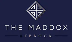 Elegant logo for The Maddox, Lubbock, featuring stylish geometric design on a sophisticated navy background.