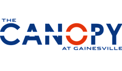 Modern logo for The Canopy at Gainesville featuring bold blue and orange letters.
