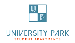 Modern University Park logo highlighting stylish student apartments with sleek design.