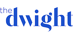 Modern blue and white typographic logo displaying 'the dwight' with sleek design elements.