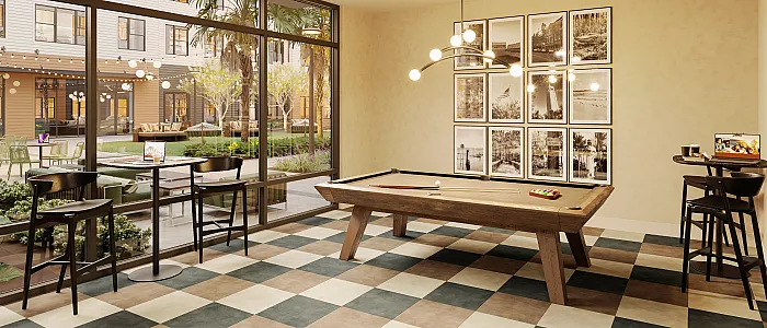 Luxurious game room with stylish pool table, modern lighting, and a charming view of the landscaped courtyard.