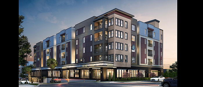 Modern urban apartment building with sleek architectural design, featuring spacious balconies, contemporary exterior, and a vibrant city setting at dusk.