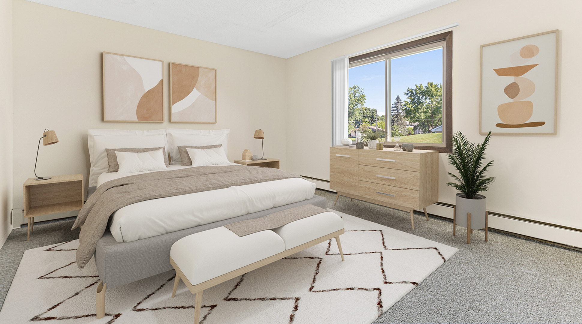 ReNew at the Grove renovated and bright bedroom with mid-centery modern furniture and abstract art