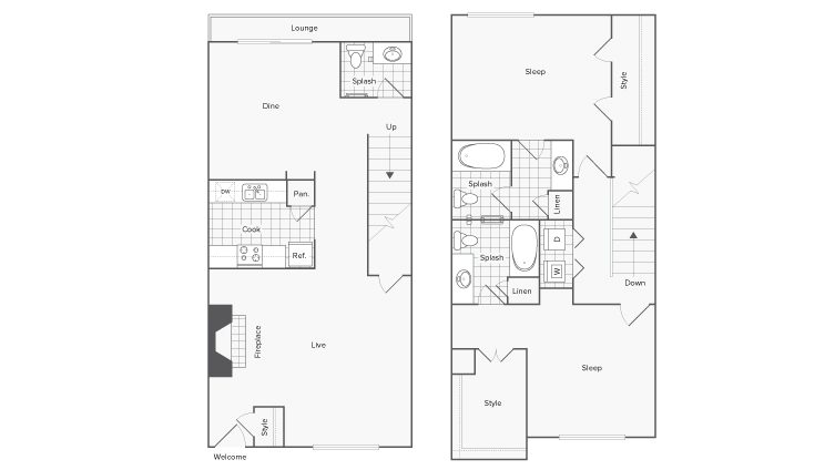 2 BR x 2.5 BA - A floor plan