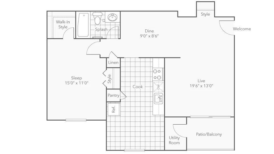 Elegant floor plan featuring a spacious bedroom, open living area, and modern kitchen with balcony access.