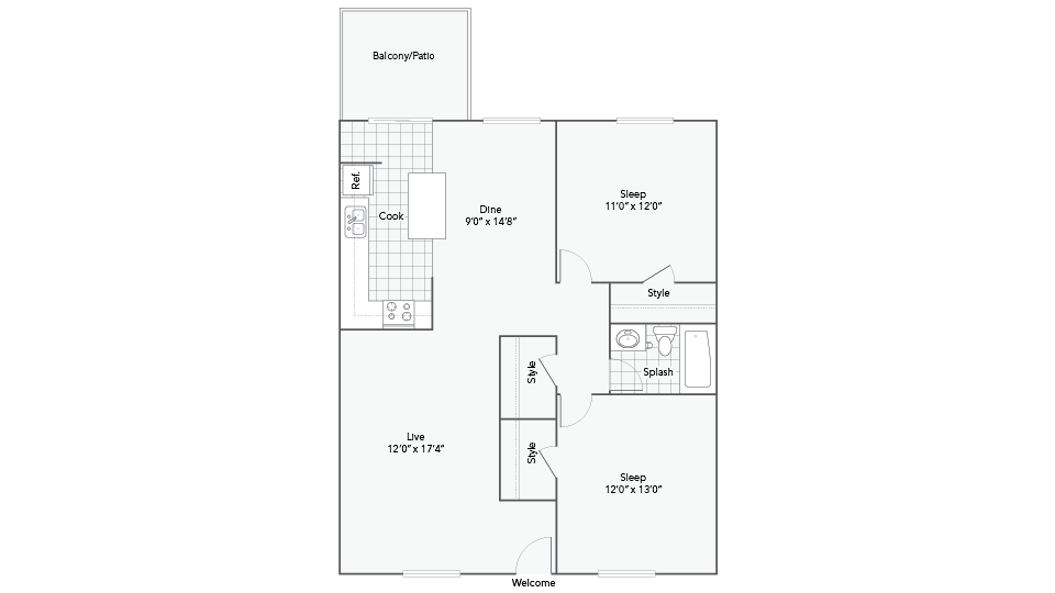 2 Bed 1 Bath floor plan