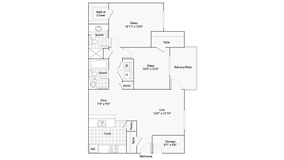 2 Bed 2 Bath Washer Dryer A floor plan